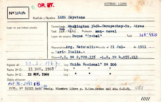Ficha de miembro de Cayetano Lama.