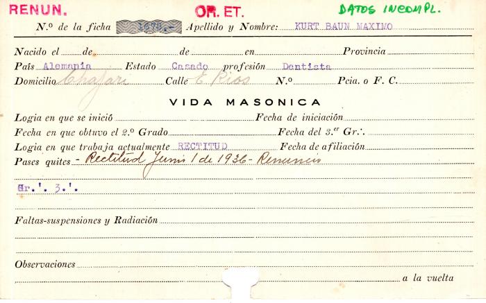 Ficha de miembro de Máximo Kurt Baun.