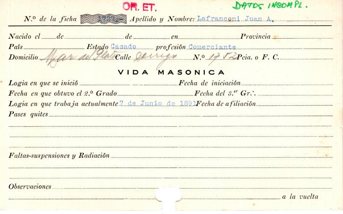 Ficha de miembro de Juan A. Laffranconi.