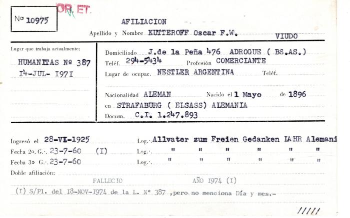 Ficha de miembro de Oscar F. W. Kutteroff.