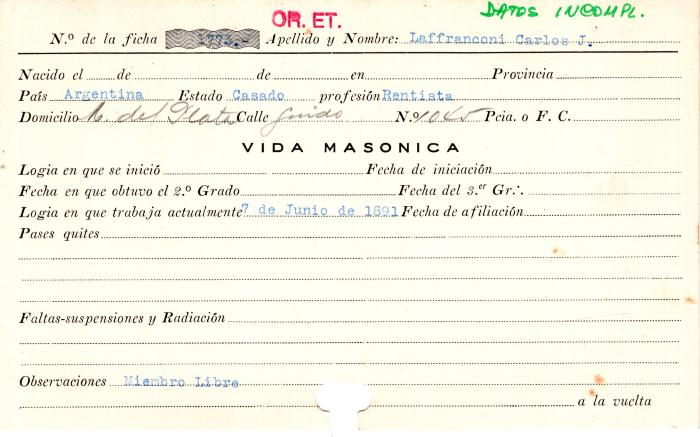 Ficha de miembro de Carlos J. Laffranconi.