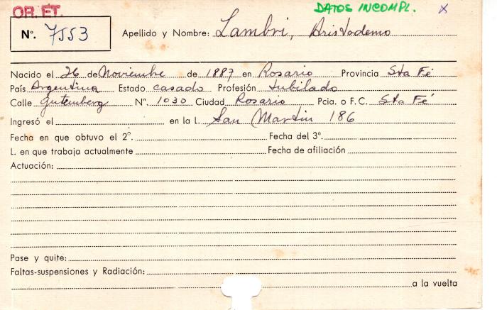 Ficha de miembro de Aristodemo Lambri.