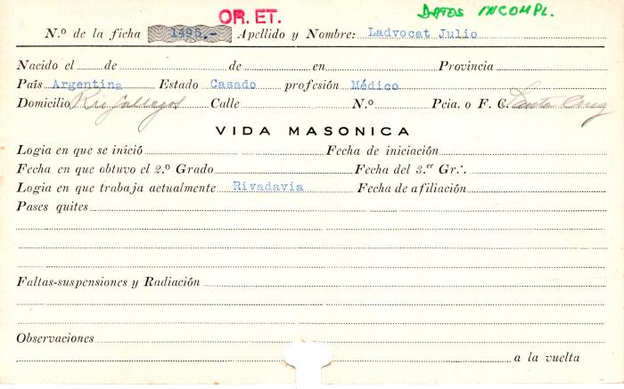 Ficha de miembro de Julio Ladvocat.