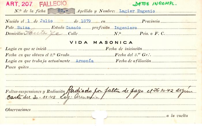 Ficha de miembro de Eugenio Lagier.