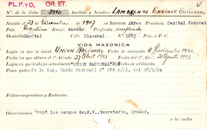 Ficha de miembro de Enrique Guillermo Lambrechts.