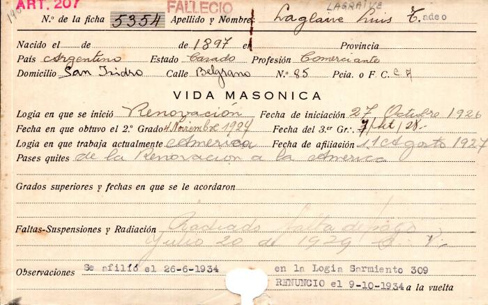 Ficha de miembro de Luis Tadeo Laglaive.
