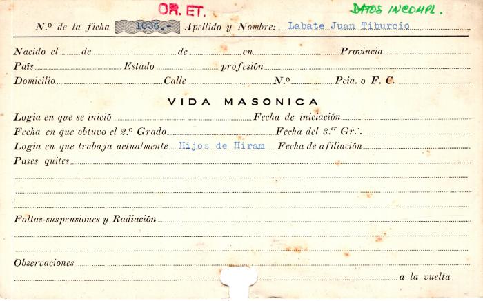 Ficha de miembro de Juan Tiburcio Labate.