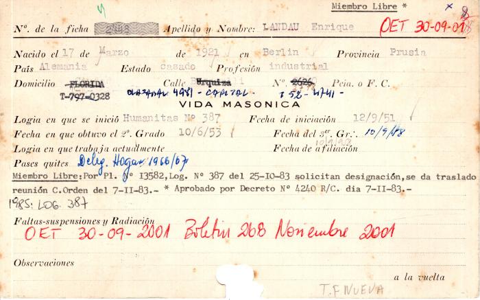 Ficha de miembro de Enrique Landau.
