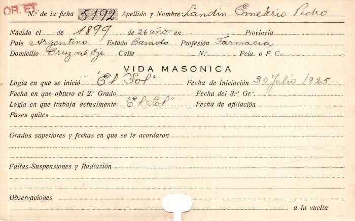 Ficha de miembro de Emetrio Pedro Landin.