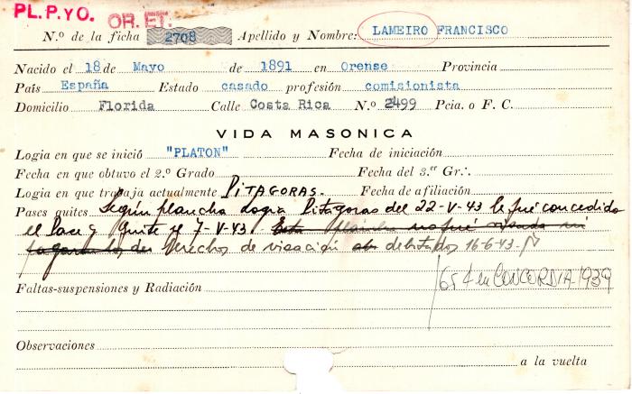 Ficha de miembro de Francisco Lameiro.