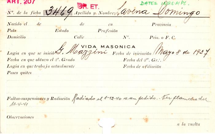 Ficha de miembro de Domingo Lavena.