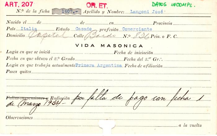 Ficha de miembro de José Langoni.