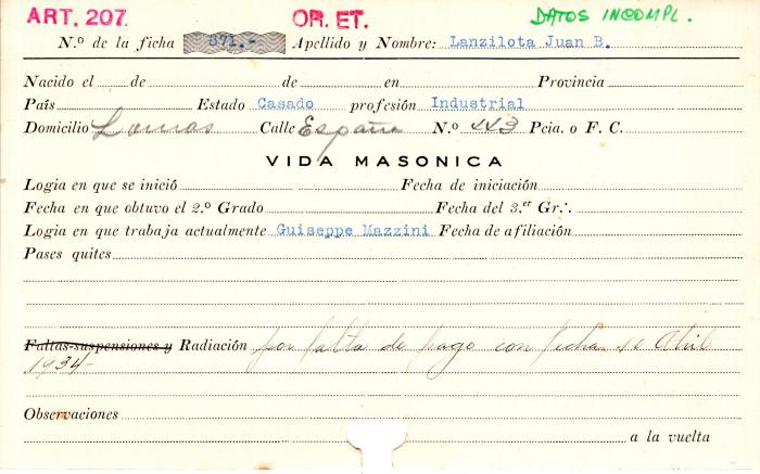 Ficha de miembro de Juan B. Lanzilota.