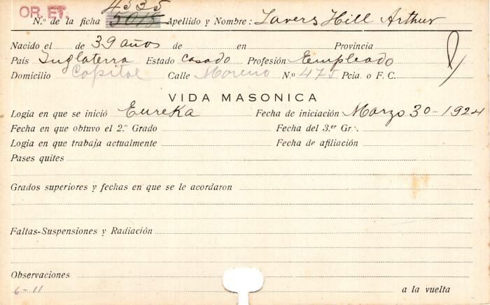 Ficha de miembro de Arthur Lavers Hill.