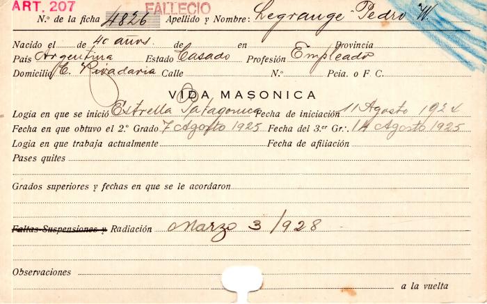 Ficha de miembro de Pedro W. Legrange.