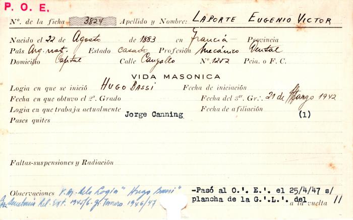 Ficha de miembro de Eugenio Víctor Laporte.