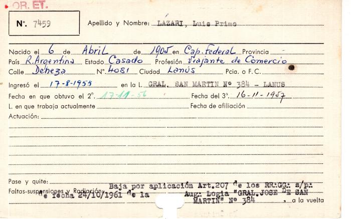 Ficha de miembro de Luis  Primo Lazari.