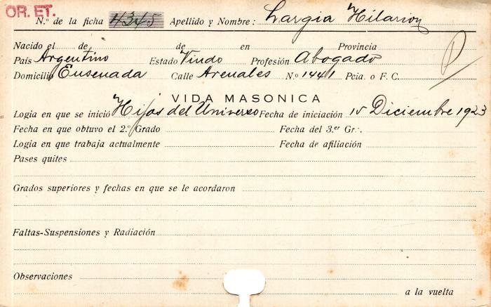 Ficha de miembro de Hilarion Largia.