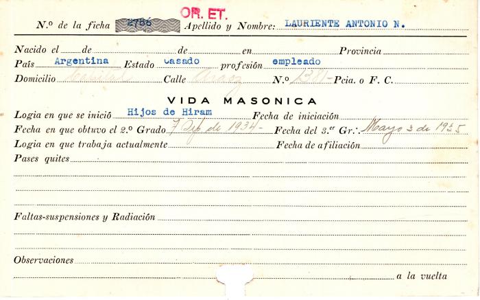 Ficha de miembro de Antonio N. Lauriente.