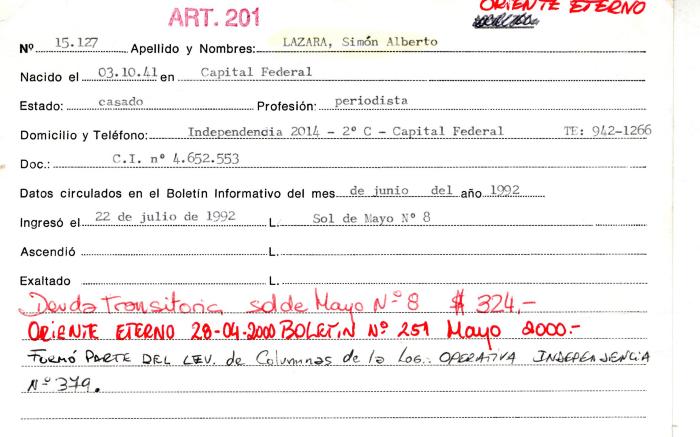 Ficha de miembro de Simón Alberto Lazara.