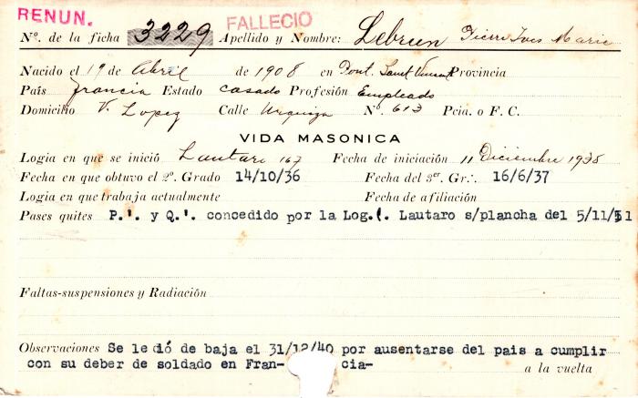 Ficha de miembro de Pierre Ives Marie Lebrun.