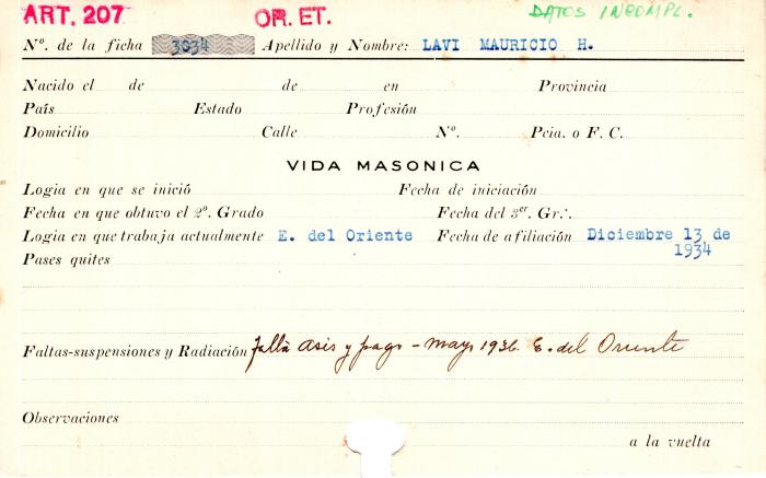 Ficha de miembro de Mauricio H. Lavi.