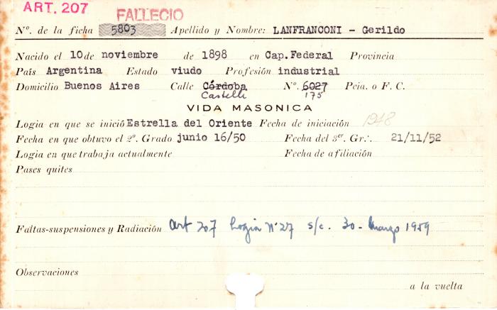 Ficha de miembro de Gerildo Lanfranconi.