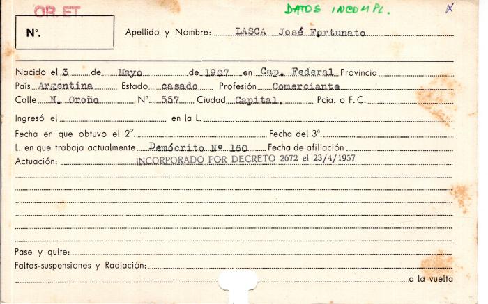 Ficha de miembro de José Fortunato Lasca.