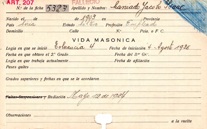 Ficha de miembro de Jacobo Isaac Laniado.