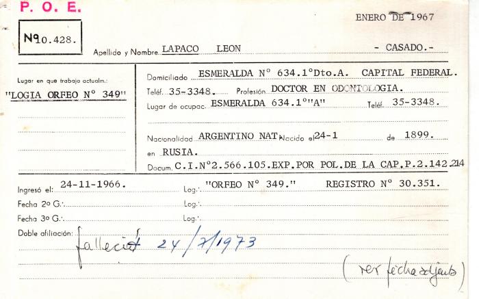 Ficha de miembro de León Lapaco.