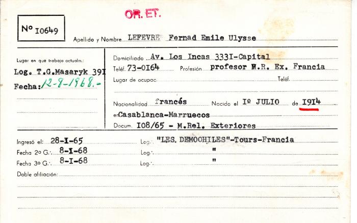 Ficha de miembro de Fernad Emile Ulysse Lefevre.