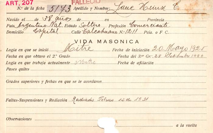 Ficha de miembro de Heinz C. Lane.