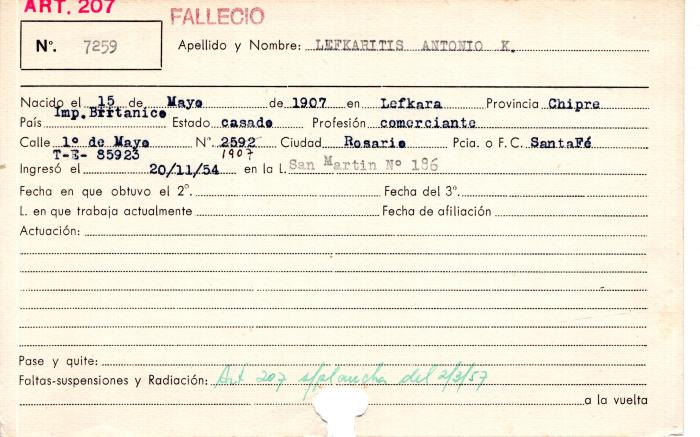 Ficha de miembro de Antonio K. Lefkaritis.