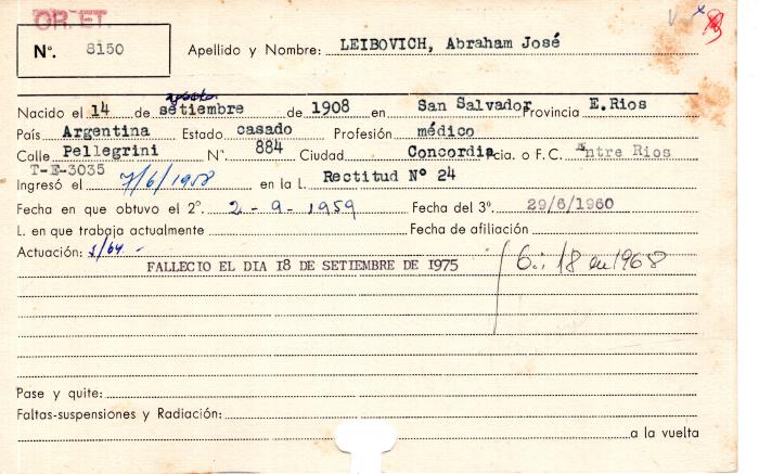 Ficha de miembro de Abraham José Leibovich.