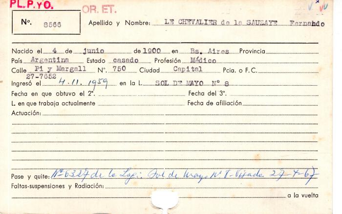 Ficha de miembro de Fernando Le Chevalier de la Sauzaye.