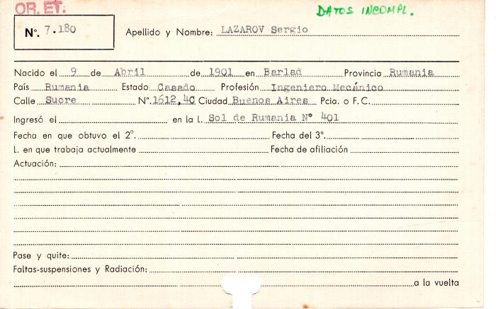 Ficha de miembro de Sergio Lazarov.