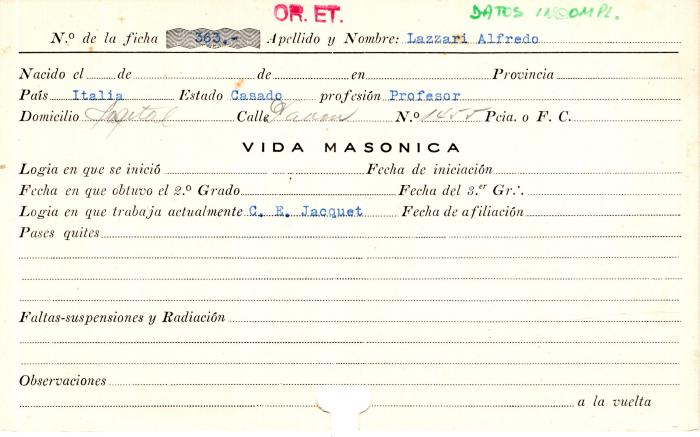 Ficha de miembro de Alfredo Lazzari.
