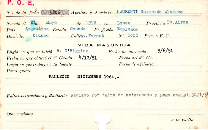 Ficha de miembro de Normando Alberto Laurenti.