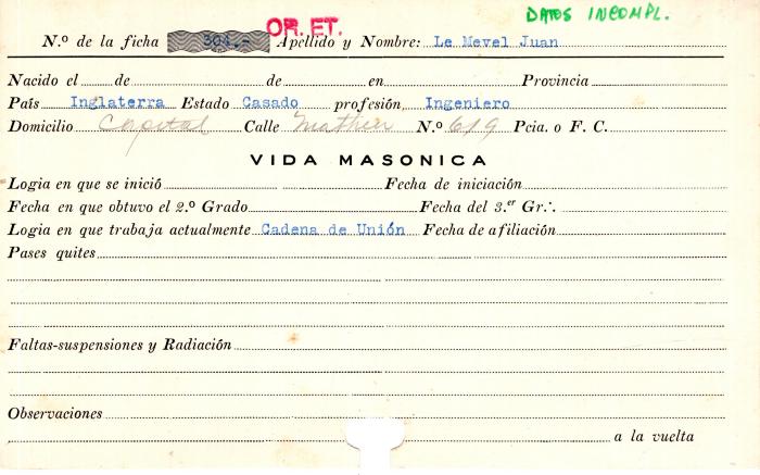 Ficha de miembro de Juan Le Mevel.