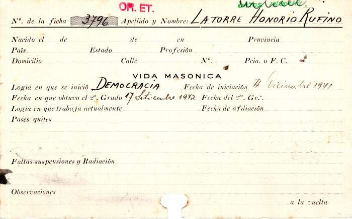 Ficha de miembro de Honorio Rufino Latorre.
