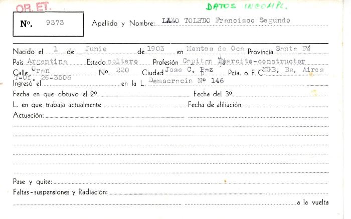 Ficha de miembro de Francisco Segundo Lazo Toledo.