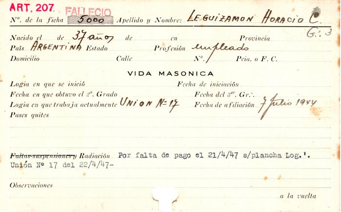 Ficha de miembro de Horacio C. Leguizamon.