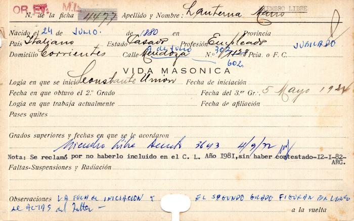 Ficha de miembro de Mario Lanterna.