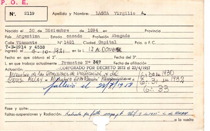 Ficha de miembro de Virgilio A. Lasca.