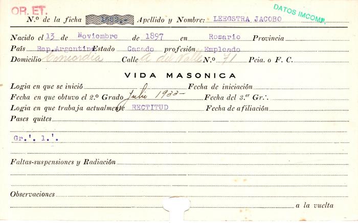 Ficha de miembro de Jacobo Leegstra.