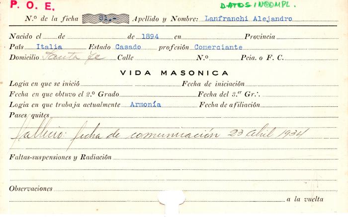 Ficha de miembro de Alejandro Lanfranchi.