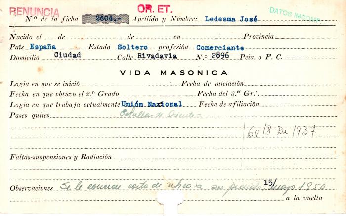 Ficha de miembro de José Ledesma.