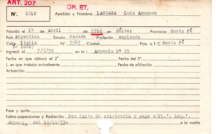 Ficha de miembro de Luis Armando Lassaga.
