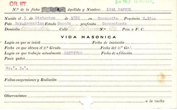 Ficha de miembro de Manuel Leal.