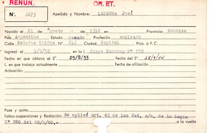 Ficha de miembro de José Ledesma.